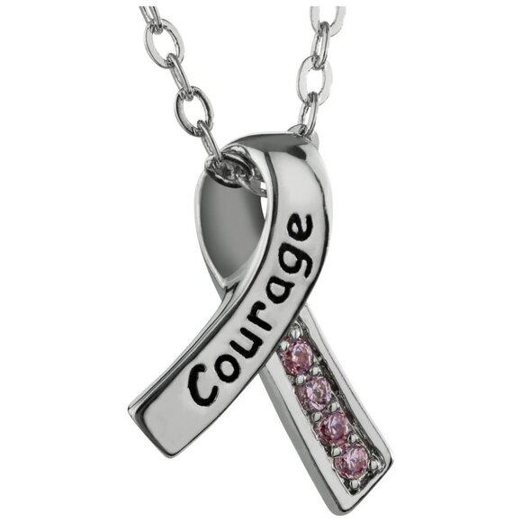 COURAGE pink ribbon cham w/pink cubic zirconias on 18" fine link chain - Picture 1 of 2